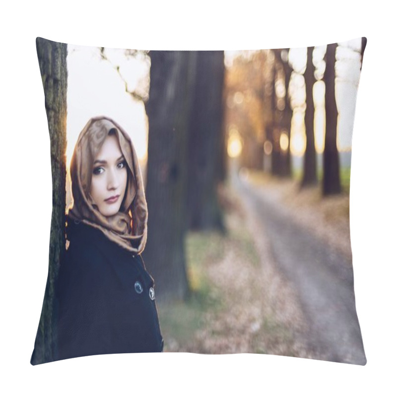 Personality  Young Sad Arabic Woman In Hijab Outdoors Pillow Covers