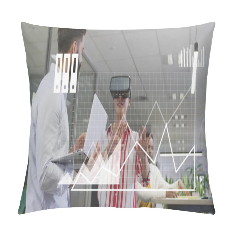 Personality  Image Of Media Icons Processing Data Over Diverse Colleagues Using Vr Headset At Casual Office. Business, Teamwork, Digital Interface And Communication, Digitally Generated Image. Pillow Covers