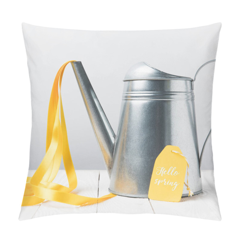 Personality  Close-up View Of Shiny Watering Can With Yellow Ribbon And Hello April Lettering On Tag Pillow Covers