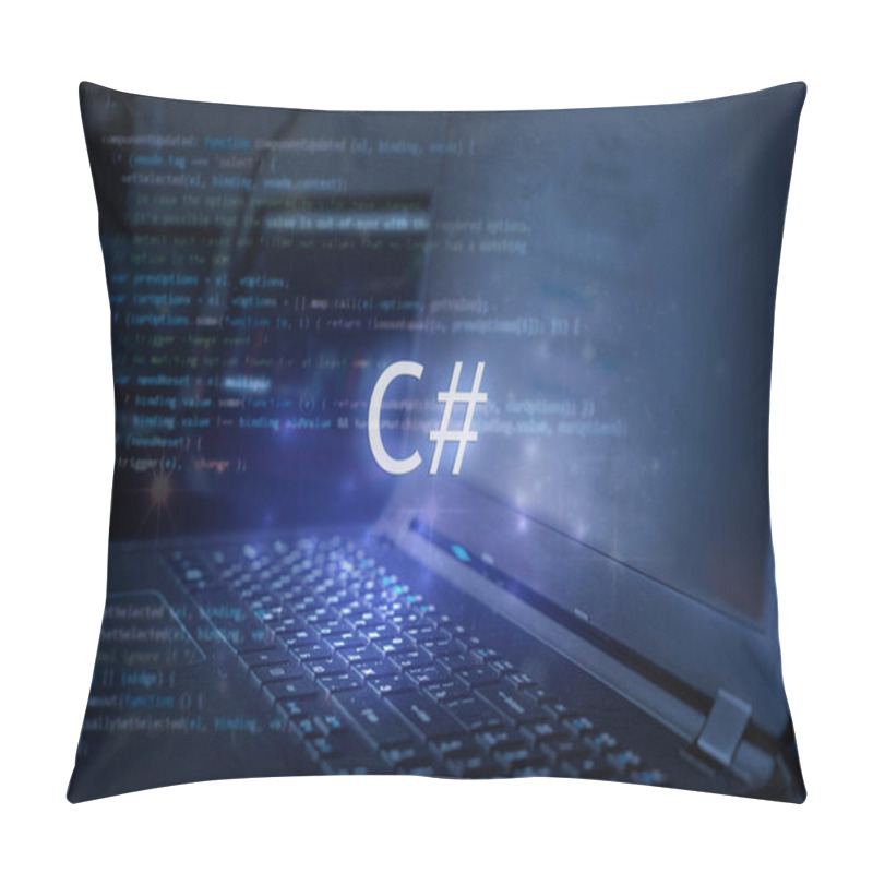 Personality  C# Inscription Against Laptop And Code Background. Learn C Sharp Programming Language, Computer Courses, Training.  Pillow Covers