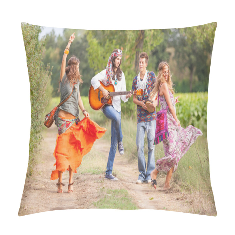 Personality  Hippie Group Playing Music And Dancing Outside Pillow Covers