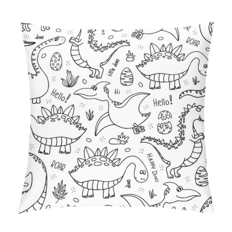 Personality  Seamless Pattern With Funny Dinosaurs. Cute Dino Background. Black And White Drawn Vector Background. Pillow Covers