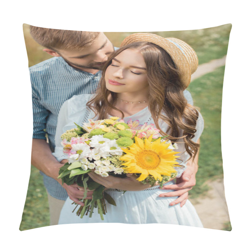 Personality  Tender Man Hugging Girlfriend With Bouquet Of Wild Flowers In Summer Field Pillow Covers