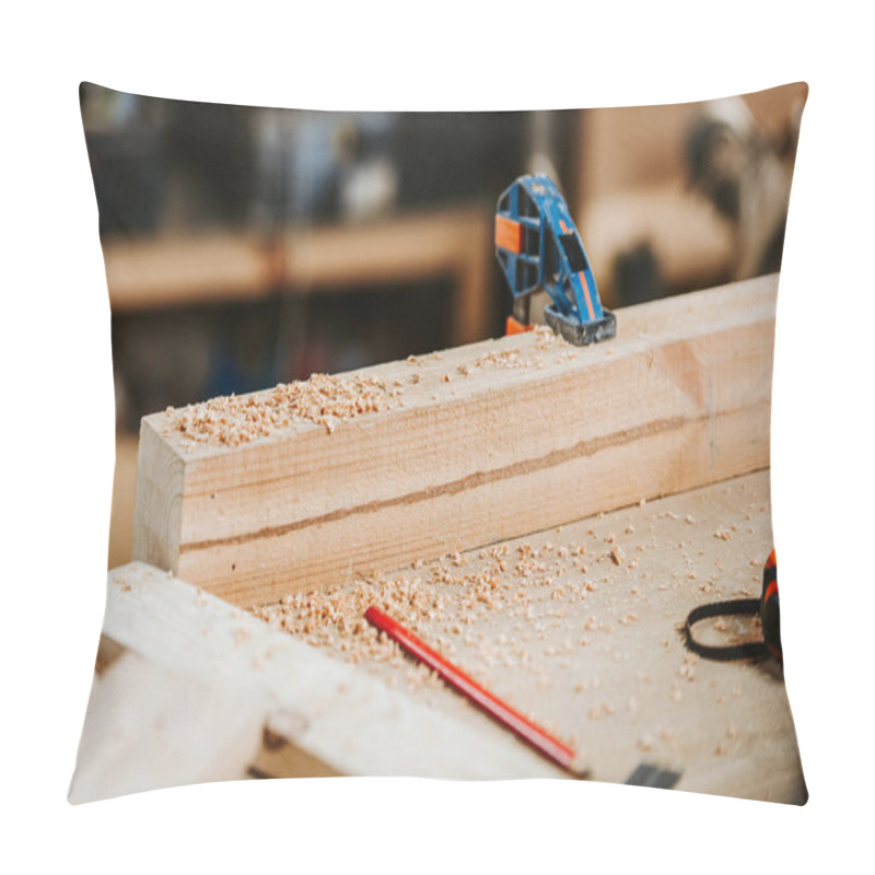 Personality  Selective Focus Of Sawdust On Wooden Plank Near Measuring Tape  Pillow Covers