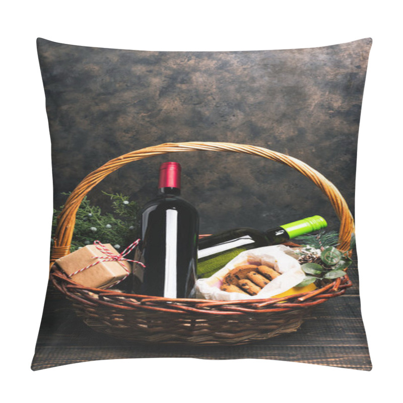 Personality  Bottles Of Red And White Wine In Christmas Basket. Pillow Covers