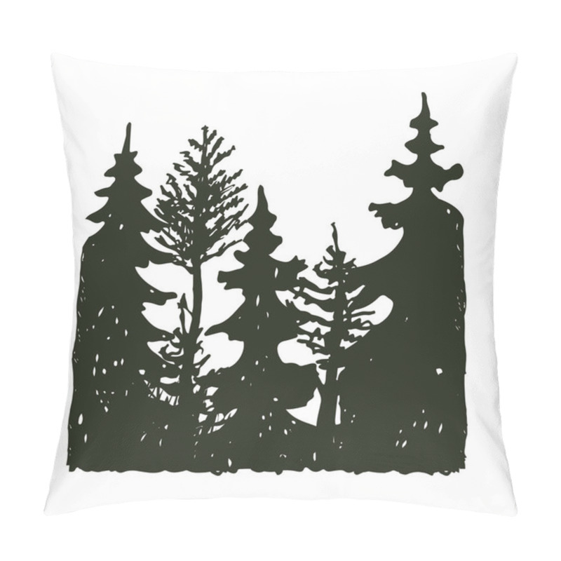 Personality  Tree Outdoor Travel Black Silhouette Coniferous Natural Badge, Tops Pine Spruce Branch Cedar And Plant Leaf Abstract Stem Drawing Vector Illustration. Pillow Covers