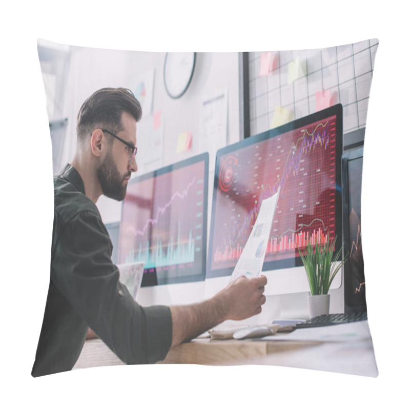 Personality  Side View Of Information Security Analyst Looking At Charts Near Graphs On Computer Monitors In Office  Pillow Covers