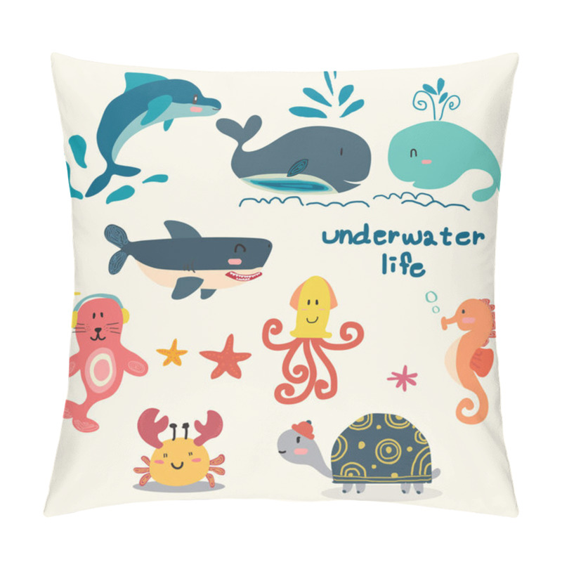 Personality  Set Of Animal Under Sea Life, Starfish, Turtle, Octopus, Seahorse, Crab, Dolphin, Whale, Seal, Shark, Flat Cartoon Vector Pillow Covers