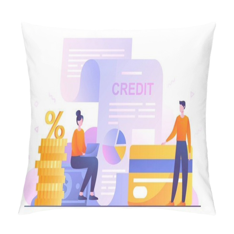 Personality  People With Credit. Man And Woman With Bank Card And Gold Coins Evaluating Documents. Financial Literacy, Analysis Of Savings And Family Budget. Debt And Interest. Cartoon Flat Vector Illustration Pillow Covers