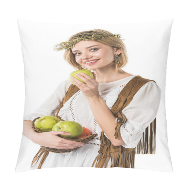 Personality  Pretty Boho Girl In Wreath With Ripe Apples Isolated On White Pillow Covers