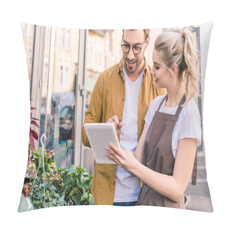 Personality  Smiling Florist And Customer Using Tablet Together At Flower Shop Pillow Covers