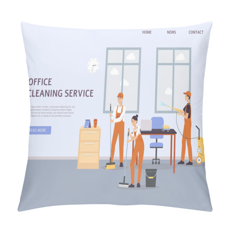 Personality  Office Cleaning Service Website Banner. Professional Cleaner Team Pillow Covers