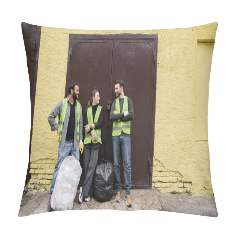 Personality  Smiling Multiethnic Workers In Protective Vests And Gloves Talking Near Trash Bags And Door Of Waste Disposal Station Outdoors, Garbage Sorting And Recycling Concept Pillow Covers