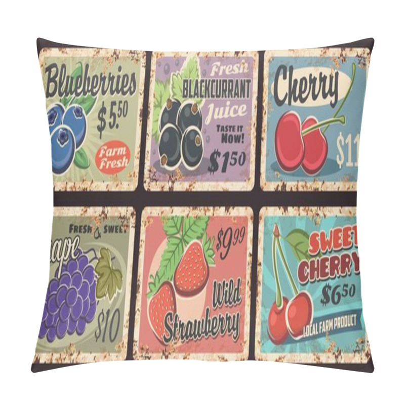 Personality  Farm Fresh Berry Rusty Metal Plates. Blueberries, Blackcurrant And Sweet Cherry, Grapes, Wild Strawberry Grunge Vector Tin Signs. Organic Farm Orchard Harvest Plates With Sweet Berries, Rust Texture Pillow Covers