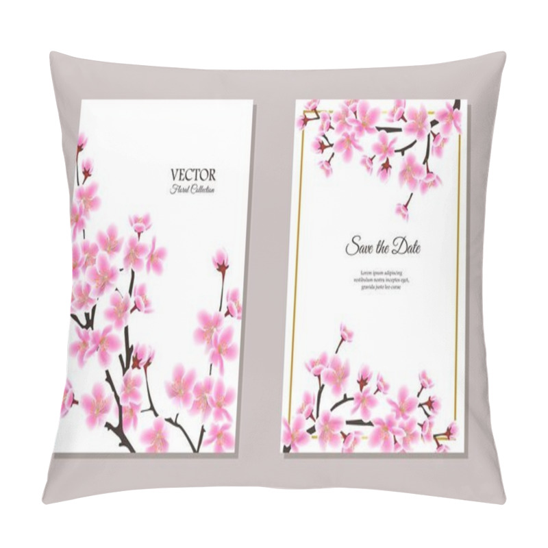 Personality  Save The Date Wedding Card Template With Cherry Blossom Vector Illustration. Pillow Covers