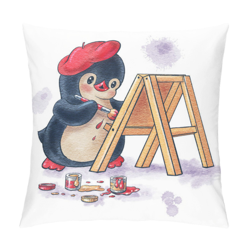 Personality  Winter Illustration With Funny Cartoon  Penguin Artist  Isolated On A White Background. Drawing In Watercolor And Ink.  Pillow Covers