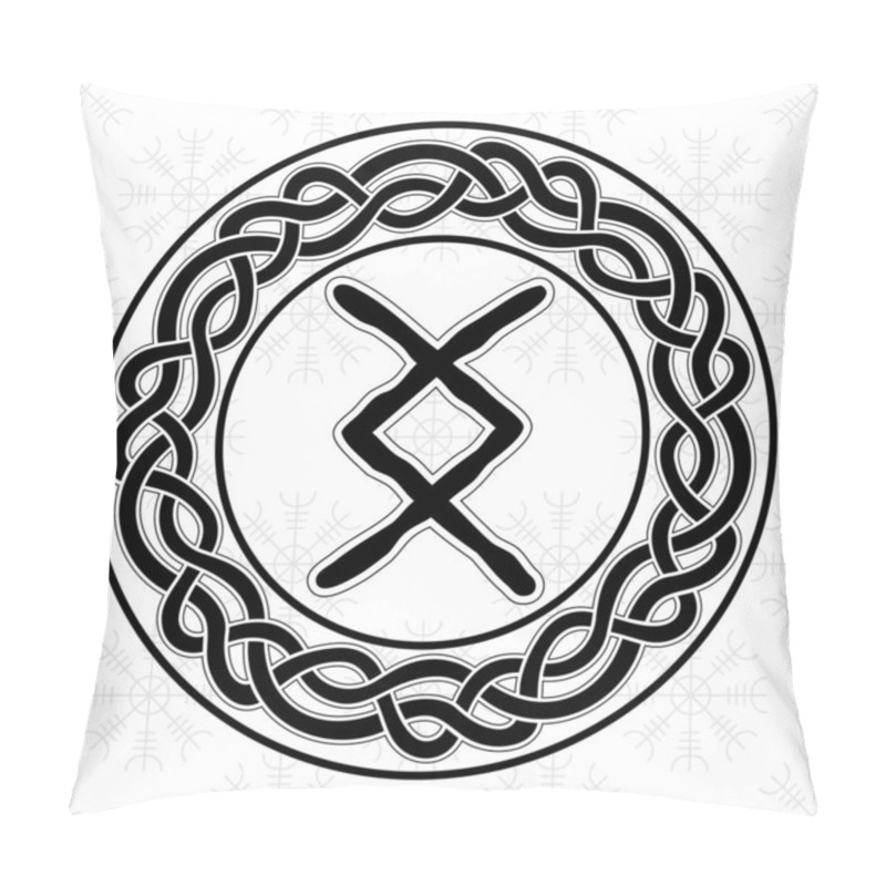 Personality  Rune Inguz Ingwaz In A Circle - An Ancient Scandinavian Symbol Or Sign, Amulet. Viking Writing. Hand Drawn Outline Vector Illustration For Websites, Games, Print And Engraving. Pillow Covers