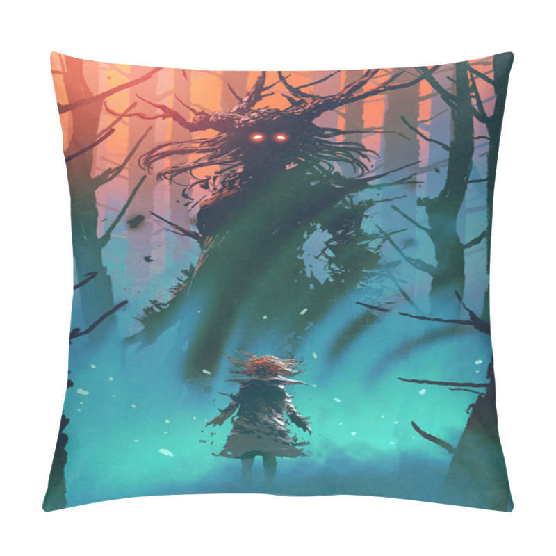 Personality  Little Girl And The Witch Looking Each Other In A Forest, Digital Art Style, Illustration Painting Pillow Covers