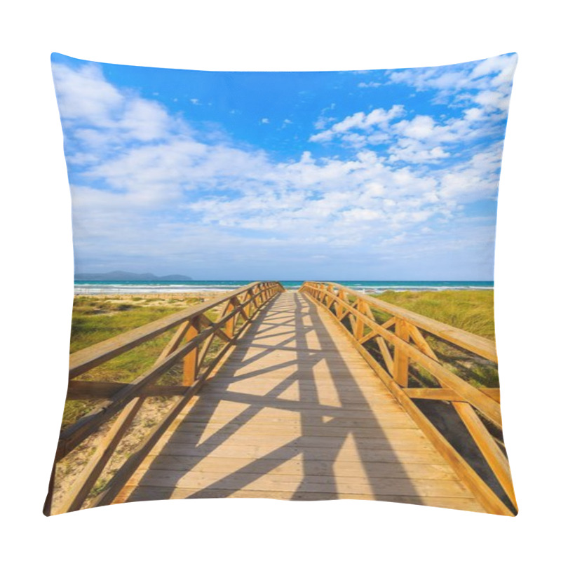 Personality  Wooden Footbridge Sand Beach Sea Clouds Blue Sky, Can Picafort, Majorca, Spain Pillow Covers