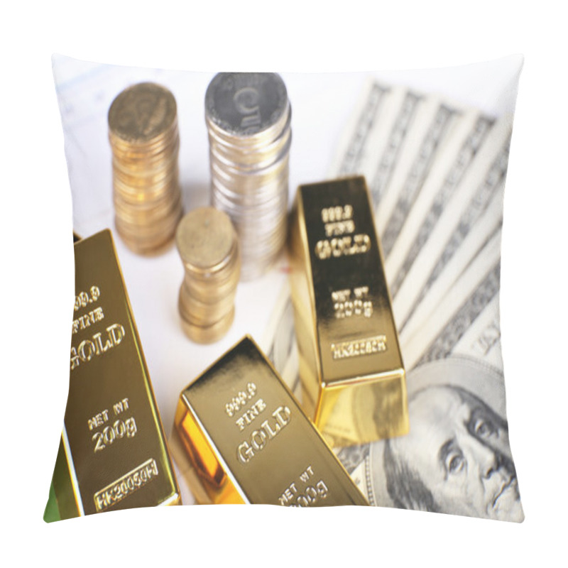 Personality  Gold Bullion With Money On Table Close Up Pillow Covers