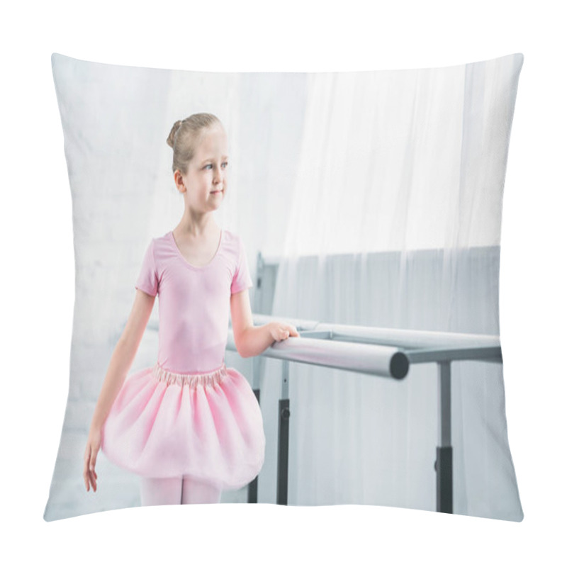 Personality  Beautiful Child In Pink Tutu Practicing Ballet And Looking Away In Ballet School Pillow Covers