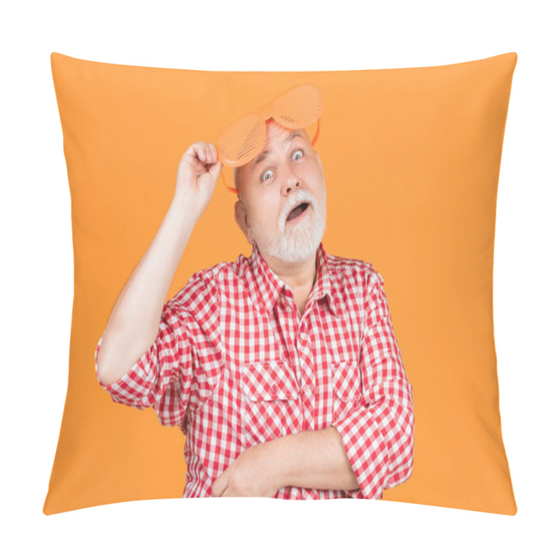 Personality  Amazed Old Man In Checkered Shirt With Party Glasses On Yellow Background. Pillow Covers