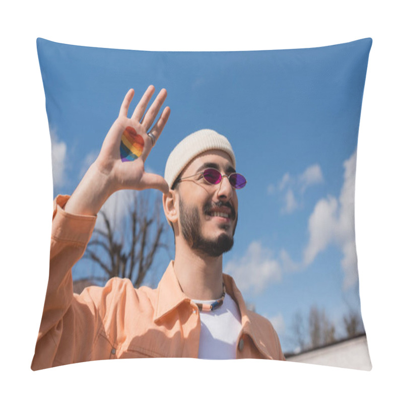 Personality  Cheerful Gay Man In Sunglasses With Lgbt Flag In Heart Shape On Hand Standing Outdoors  Pillow Covers