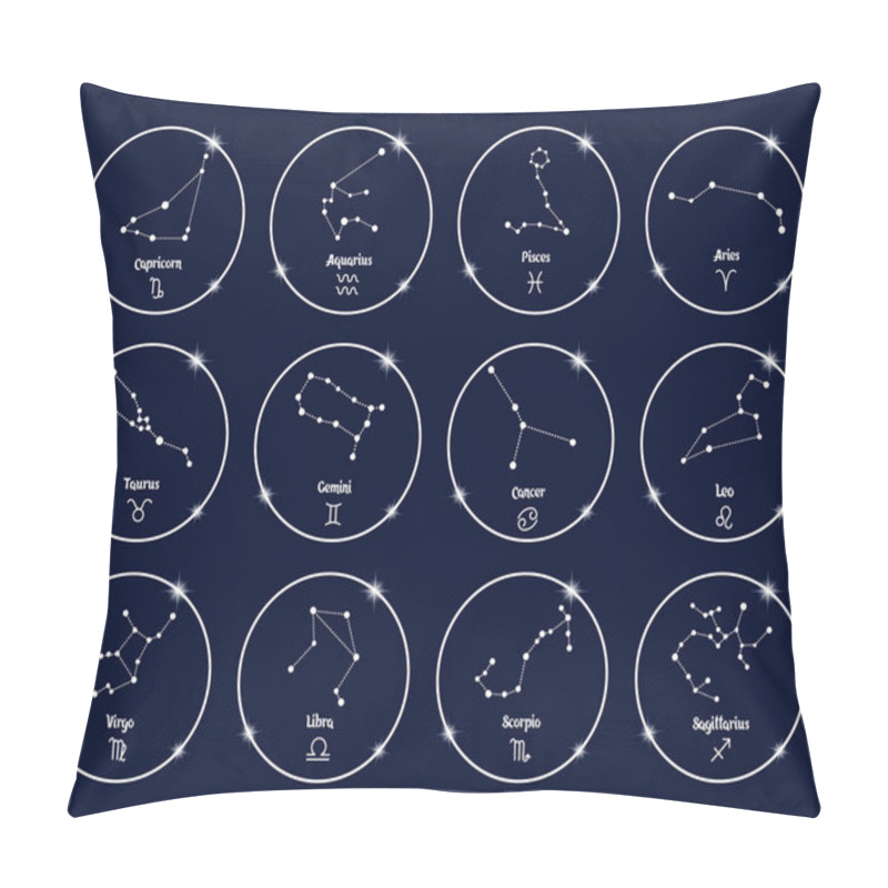 Personality  Constellations Of Zodiac Signs In White Shiny Circles, Set. White Outline On A Blue Background. Icons, Vector Pillow Covers