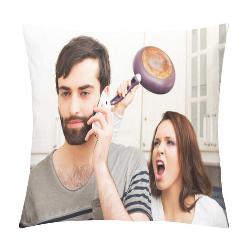 Personality  Angry Woman Hitting Man With Frying Pan. Pillow Covers