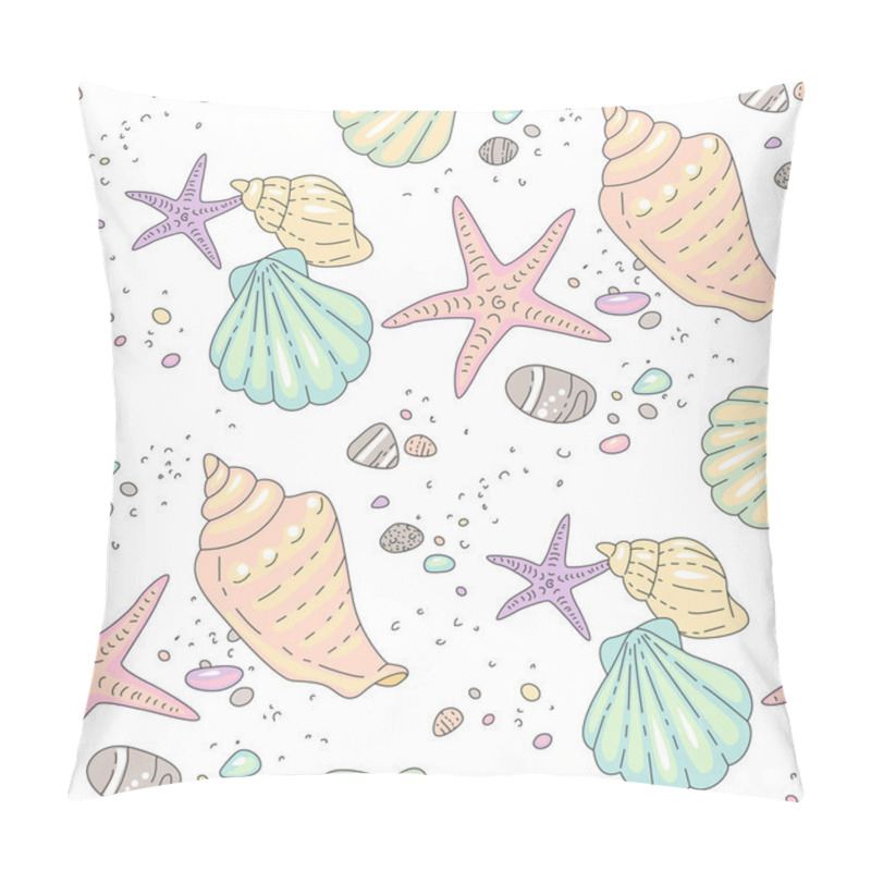 Personality  Multicolor Seashells, Starfishes And Pebble On Sand Beach. Illustration Of Cartoon Style  On White Background. Seamless Pattern For Textile And Desig Pillow Covers