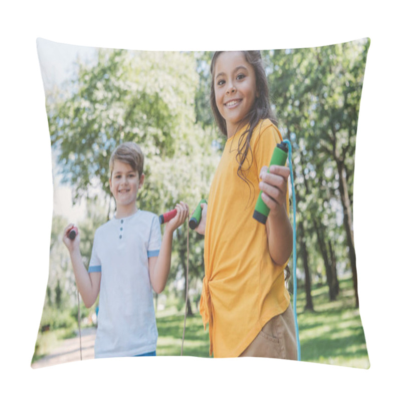 Personality  Adorable Happy Kids Hiking Skipping Ropes And Smiling At Camera In Park Pillow Covers