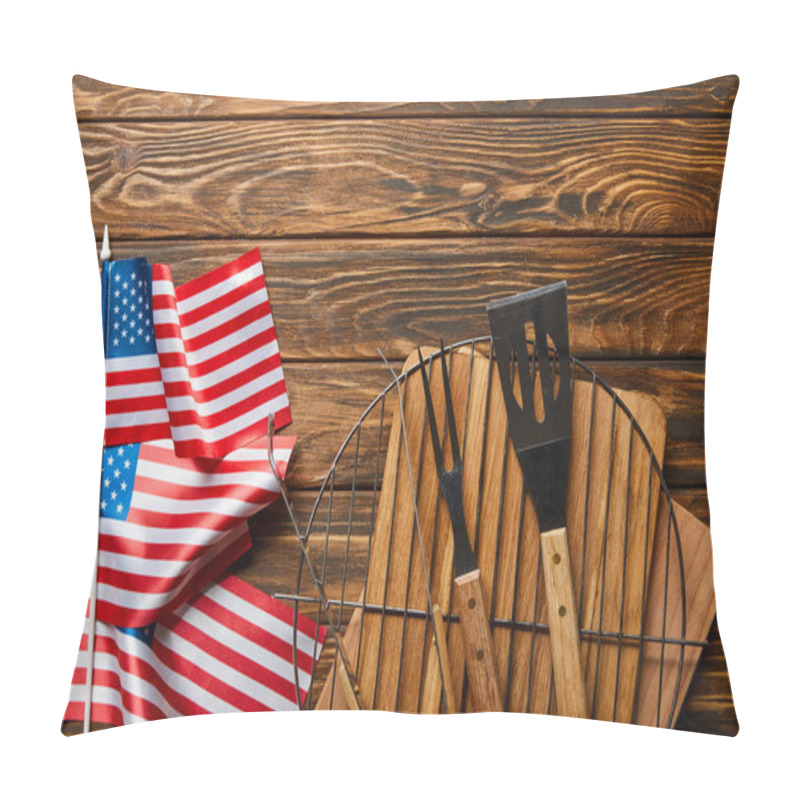 Personality  Top View Of American Flags Near Bbq Equipment On Wooden Rustic Table Pillow Covers