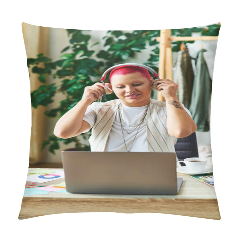 Personality  A Cheerful Young Woman Adjusts Her Headphones While Working At Her Vibrant Home Office Desk. Pillow Covers