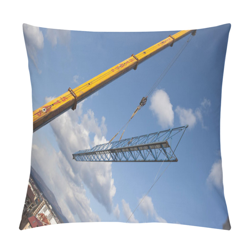 Personality  The Process Of Lowering A Part Of The Dismantled Boom Of A Construction Crane To The Ground. Pillow Covers