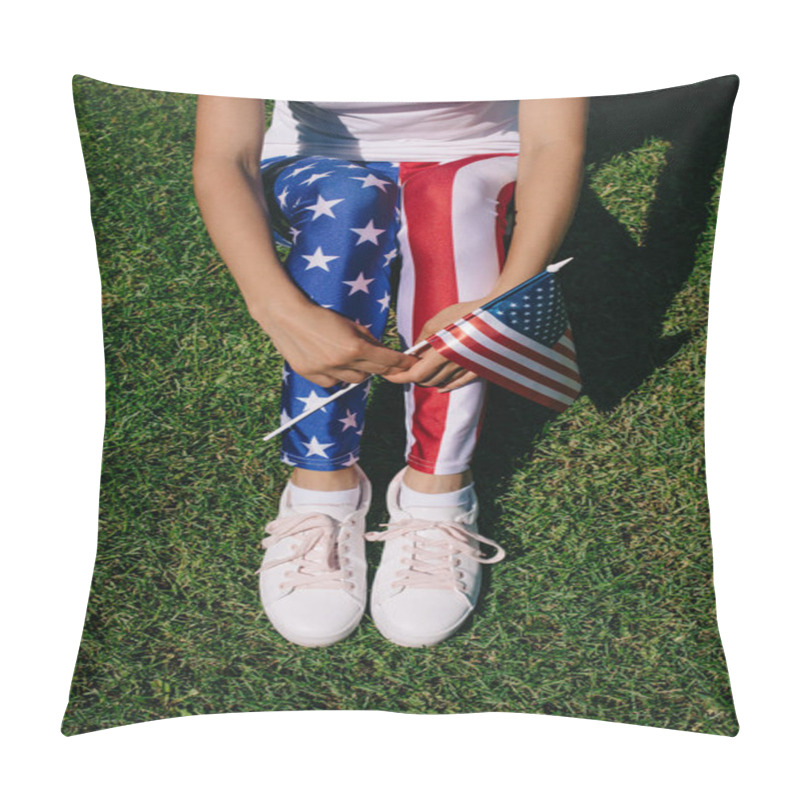 Personality  Partial View Of Woman With Flagpole In Leggins With American Flag Pattern Resting On Green Lawn, Americas Independence Day Holiday Concept Pillow Covers