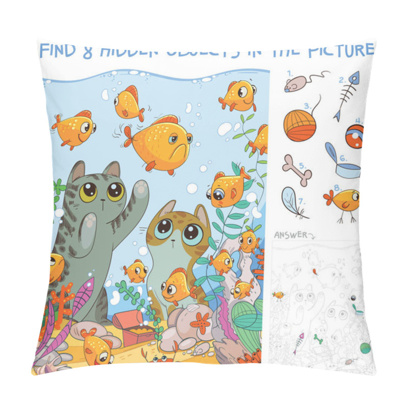 Personality  Find 8 Hidden Objects In The Picture. Cats Looking At Fish In An Aquarium. Puzzle Hidden Items. Funny Cartoon Character Pillow Covers