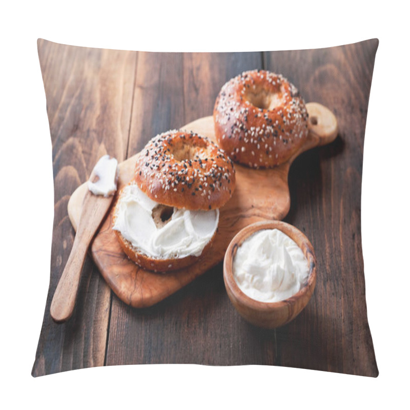 Personality  Whole Grain Bagels With Cream Cheese On Wooden Board Pillow Covers