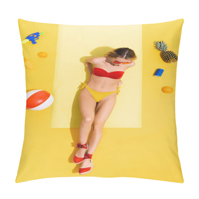 Personality  Top View Of Woman Resting On Beach Mat Near Fruits, Can Of Soda, Sunscreen, Inflatable Ball And Water Gun On Yellow Pillow Covers