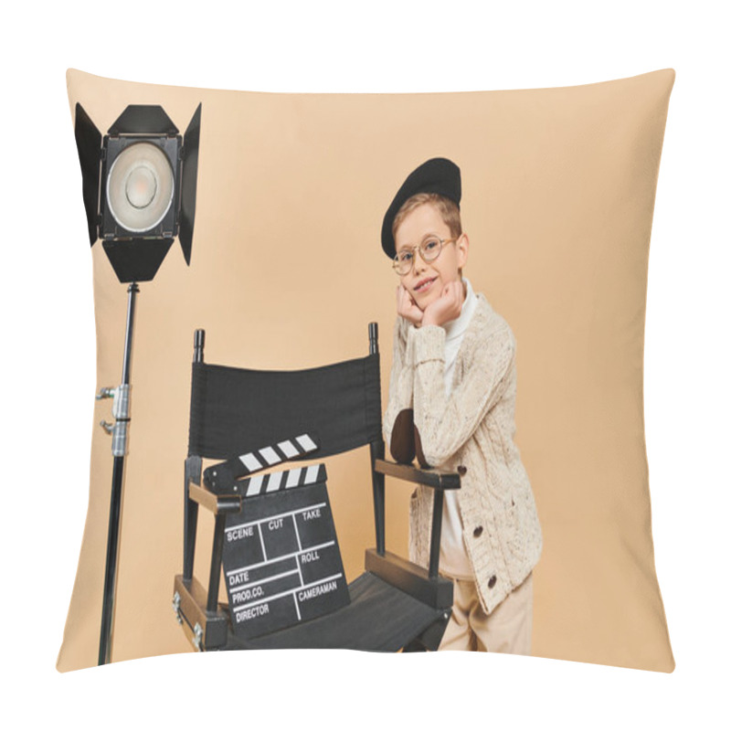 Personality  Preadolescent Boy Dressed As A Film Director Stands Next To A Camera. Pillow Covers