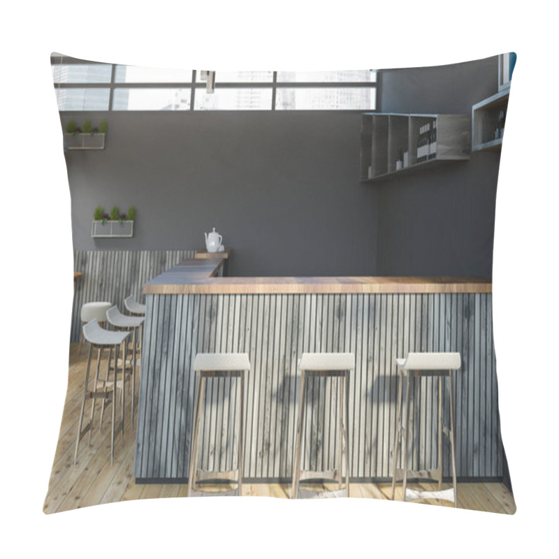 Personality  Interior Of Bar With Gray Walls, Wooden Floor, Gray Wooden Bar And Rows Of Stools. Bottles On The Shelves. 3d Rendering Pillow Covers