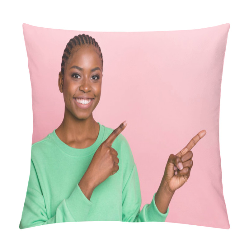 Personality  Portrait Of Positive Nice Person Indicate Fingers Empty Space Blank Isolated On Pink Color Background. Pillow Covers