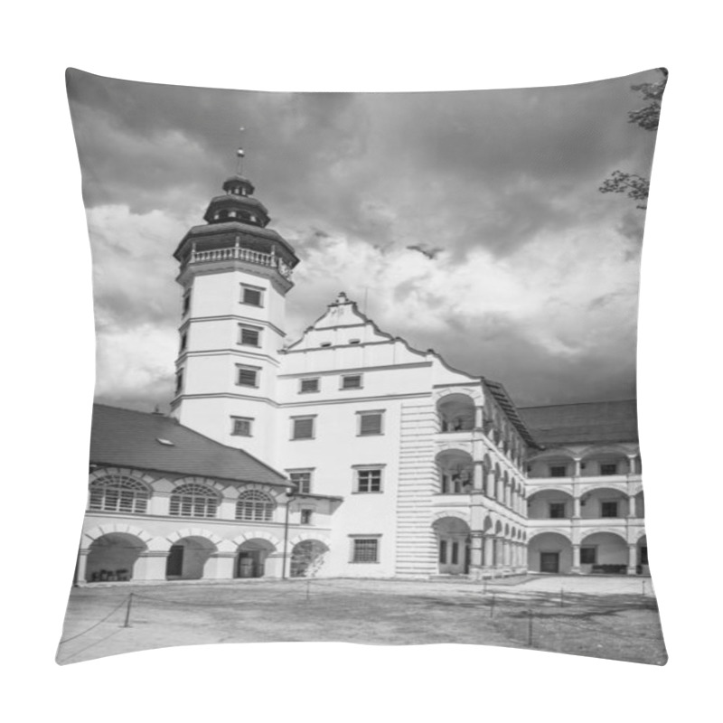 Personality  The Courtyard Of Velke Losiny Chateau Showcases Elegant Architecture Against A Backdrop Of Dark, Ominous Clouds, Creating A Striking Contrast. Black And White Photography. Pillow Covers