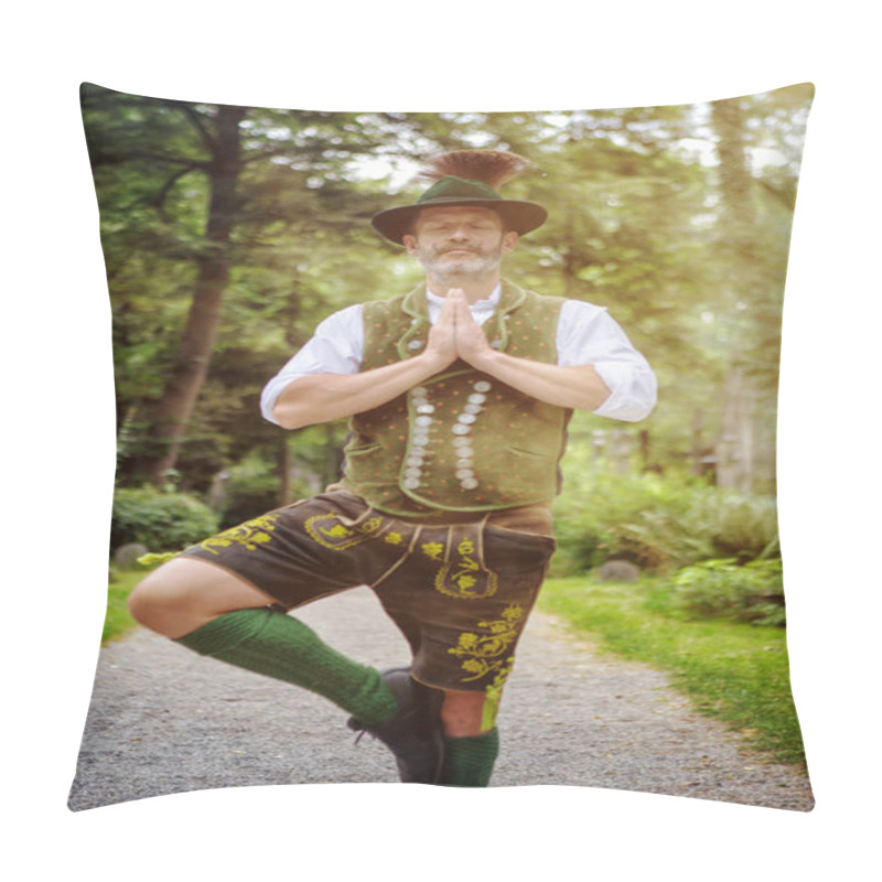 Personality  Bavarian Man Standing Outdoors In Yoga Position And Meditating Pillow Covers