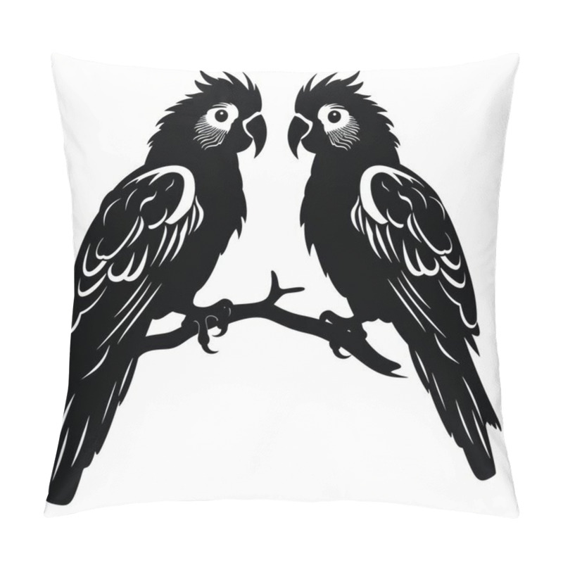 Personality  Two Elegant Black Silhouettes Of Parrots Perched On A Branch, Showcasing Intricate Feather Details. Pillow Covers