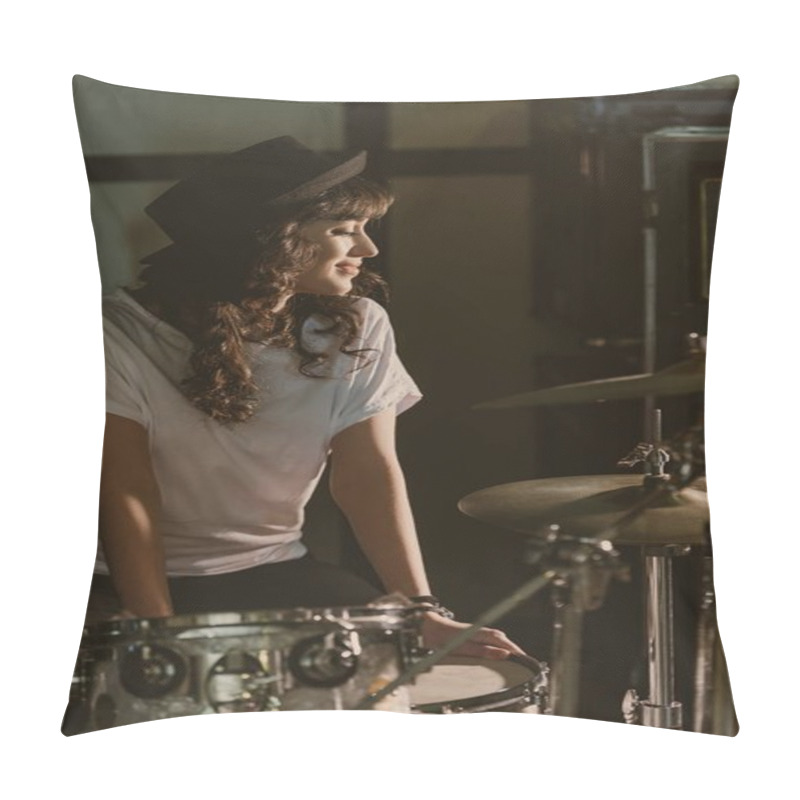 Personality  Beautiful Female Drummer Sitting At Drum Set Pillow Covers