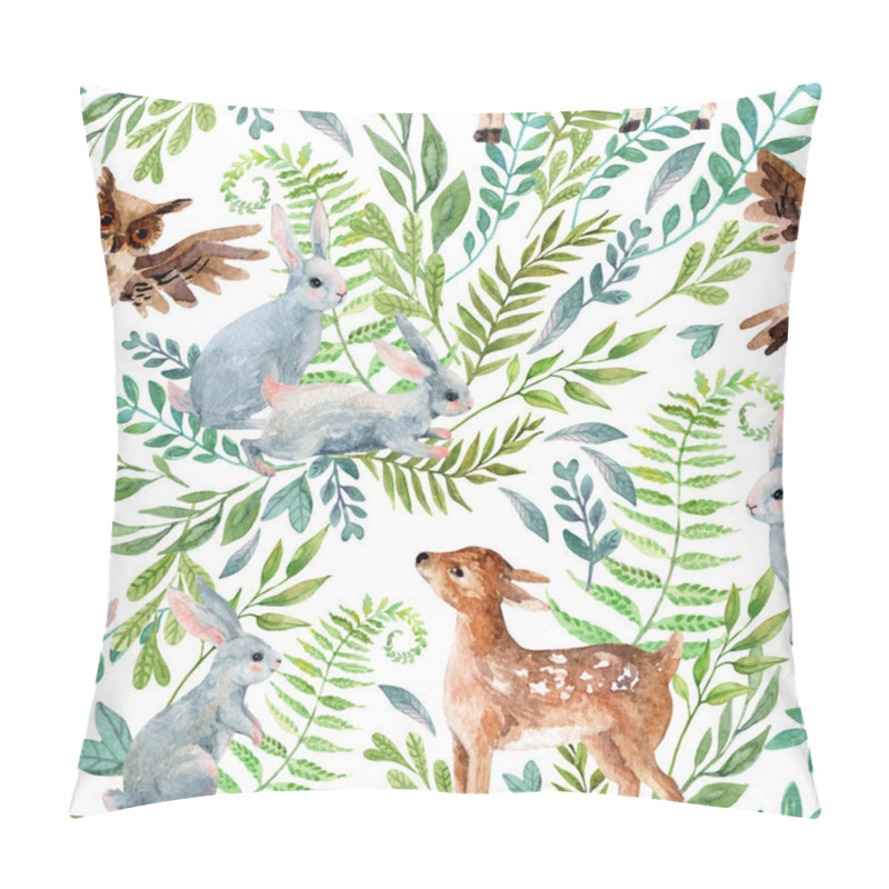 Personality  Watercolor Baby Deer, Owl, Little Rabbits On Wild Herbs And Flowers Background. Woodland Seamless Pattern With Cute Animals. Hand Painted Nature Illustration For Nursery Design, Fabrics, Textile Pillow Covers