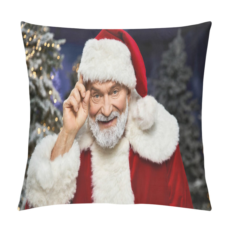 Personality  A Cheerful Santa Claus Tips His Hat While Surrounded By Magical Snow Laden Evergreen Trees. Pillow Covers