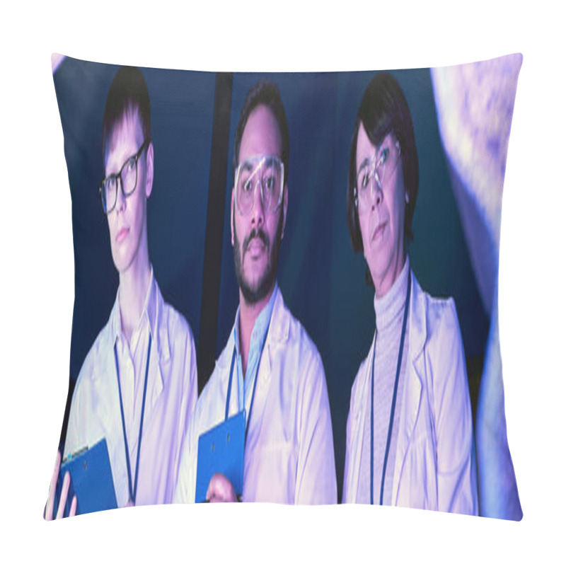 Personality  Banner, Three Scientists Examine Newly Created Device In Neon-Lit Science Center Pillow Covers