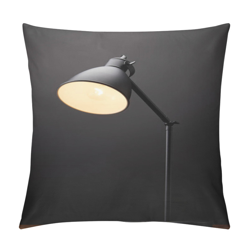 Personality  Close Up View Of Black Lamp On Wooden Tabletop On Black Background Pillow Covers