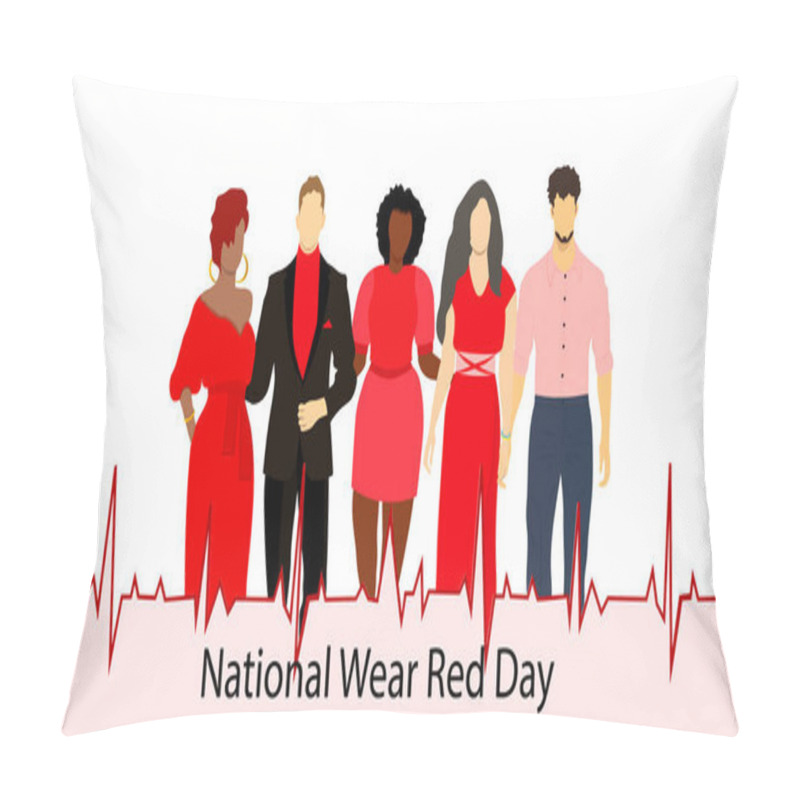 Personality  National Wear Red Day On February. A Group Of Young People Wearing Red Clothes. Awareness Day Of Heart Disease Prevention. Vector Illustration. Not AI Generated  Pillow Covers